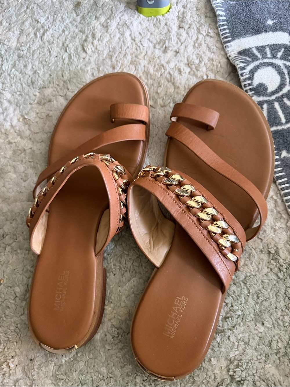 Michael Kors Tan Leather Slide Sandals with Gold Chain